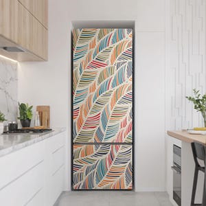 Pattern Of Leaves In Waves Refrigerator Sticker, Multicolored Refrigerator Decal, Dining-Room Decoration, Removable Sticker