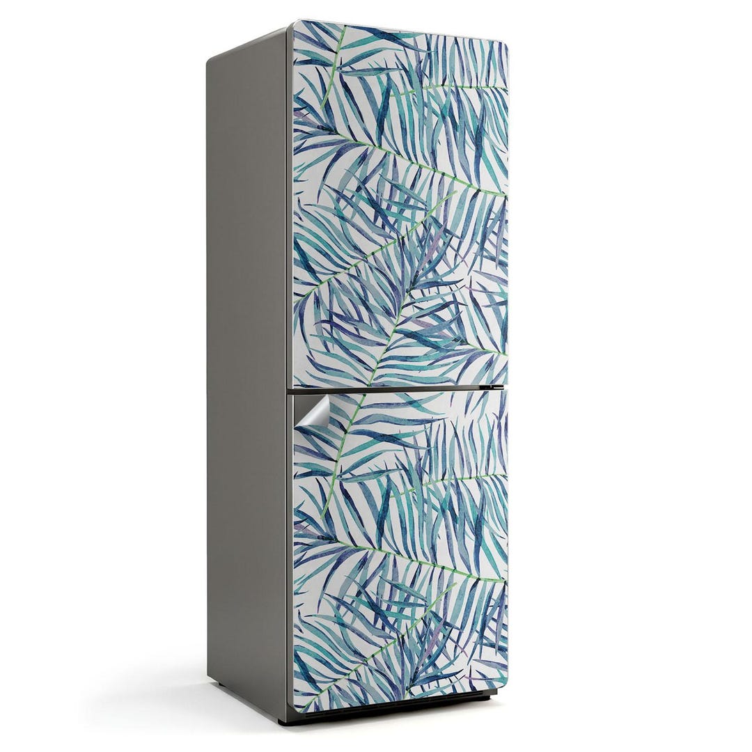 Patterned Refrigerator Leaves in Tropical Style Fridge Wrap Sticker, Turquoise Refrigerator ...