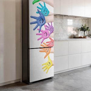 Happy Handprints Fridge Door Cover, White Refrigerator Sticker, Fridge Decor, Kitchen Decoration