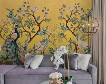 Wall Covering, Harmony Birds Wallpaper,  Yellow Wallpaper, Beige Wallpaper, Bird Wallpaper, Animal Wallpaper, Wall Decor, Home Decor