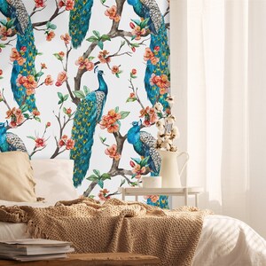 Wall Covering, Peacock With Japanese Flowers Wallpaper,  Blue Wallpaper, Red Wallpaper, Peacock Wallpaper, Animal Wallpaper, Wall Decor