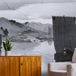 Wall Covering, Calm Harbor Wallpaper,  Gray Wallpaper, Black Wallpaper, Landscape Wallpaper, Delicate Wallpaper, Removable Wallpaper