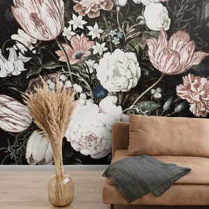 Wall Covering, Classic Composition With Flowers Wallpaper,  Black Wallpaper, Beige Wallpaper, Floral Wallpaper, Botanical Wallpaper