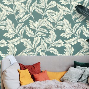 Wall Covering, Leaves On A Turquoise Background Wallpaper,  Beige Wallpaper, Green Wallpaper, Leaves Wallpaper, Plants Wallpaper
