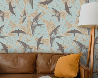 Wandbekleding, vliegende vogels op geometrische achtergrond, Blauw behang, Geel behang, Dierenbehang, Boho-behang