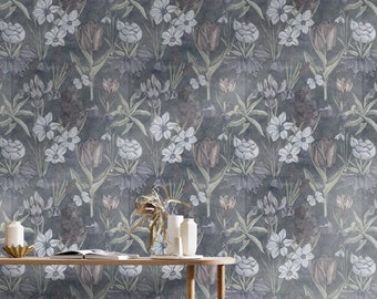 Wall Covering, Tulips Bulbous Flowers Wallpaper,  Gray Wallpaper, Beige Wallpaper, Floral Wallpaper, Etno Wallpaper, Bedroom Wallpaper