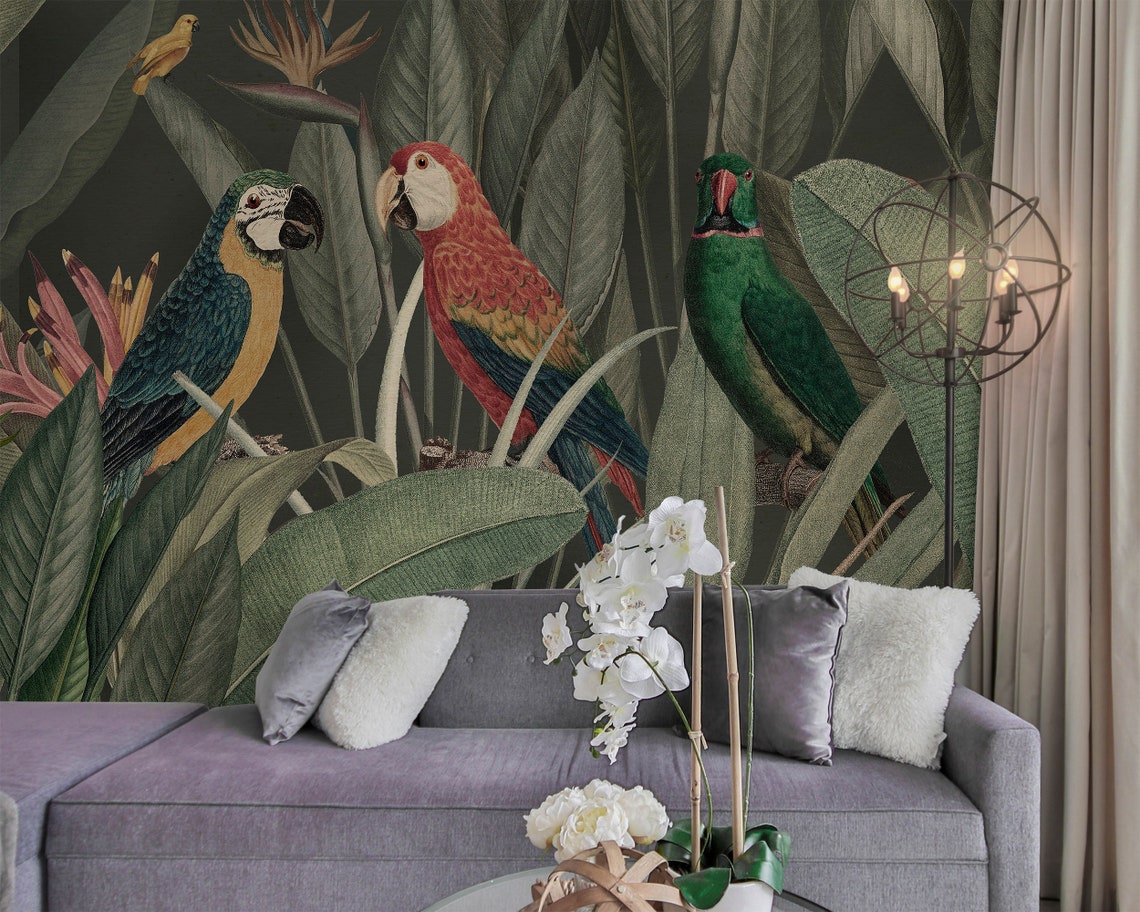 Curated visual reference: Picture Idea: Wall Covering Colorful Macaws With Tropical Wallpaper Green Wallpaper