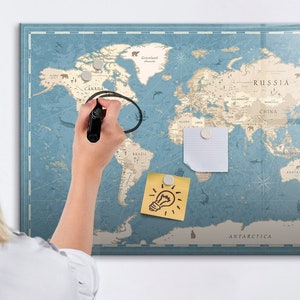 ヴィンテージ世界地図マグネットボード、行った場所、青い旅行地図、訪問した国の地図旅行トラッカー、マーカー+スポンジ