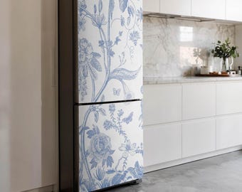 Floral Illustration With Insects Fridge Wrap Sticker, Blue Refrigerator Wrap, Kitchen Decoration, Patterned Stickers