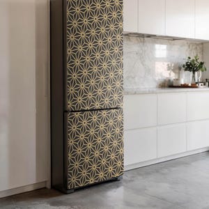 Geometry Of Floral Patterns Fridge Wrap Sticker, Beige Refrigerator Wrap, Patterned Stickers, Kitchen Decor