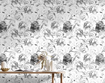 Wall Covering, Black And White Peony Wallpaper,  White Wallpaper, Black Wallpaper, Floral Wallpaper, Etno Wallpaper, Bedroom Wallpaper
