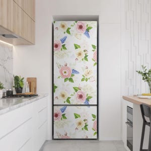 Floral Pattern In Pastels Refrigerator Decal, Multicolored Fridge Wrap Sticker, Kitchen Stickers, Dining-Room Decoration
