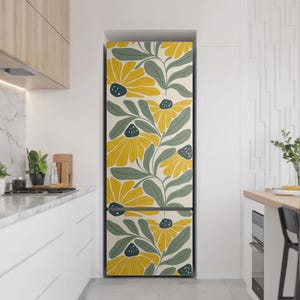 Seamless Pattern With Flowers And Leaves Refrigerator Sticker, Yellow Refrigerator Decal, Removable Sticker, Housewarming Gift