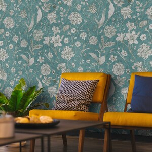 Wall Covering, Botanical Garden Wallpaper,  Blue Wallpaper, Gray Wallpaper, Floral Wallpaper, Colorful Wallpaper, Bedroom Wallpaper