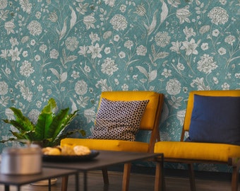 Wall Covering, Botanical Garden Wallpaper,  Blue Wallpaper, Gray Wallpaper, Floral Wallpaper, Colorful Wallpaper, Bedroom Wallpaper