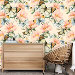 Wall Covering, Watercolor Butterfly And Flowers Wallpaper,  Pink Wallpaper, Beige Wallpaper, Animal Wallpaper, Botanical Wallpaper