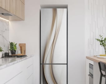 May include: A refrigerator with a white and abstract design. The design features flowing, curved lines in shades of beige and brown against a white background. The refrigerator has a black frame and a bottom freezer.