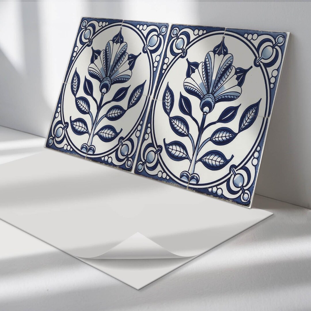 Sticker Decorative Panel Floral on the Tile Panel Stickers, Blue Self Adhesive Panels ...