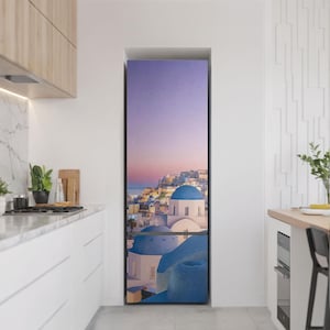 Santorini Landscape Fridge Magnetic Decal, Blue Modern Fridge Magnet, Easy To Install Decor, Fridge Mat