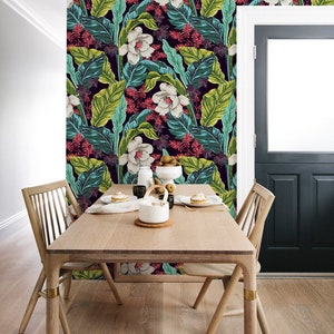 Wall Covering, Colorful Flowers Wallpaper,  Green Wallpaper, Blue Wallpaper, Floral Wallpaper, Botanical Wallpaper, Removable Wallpaper