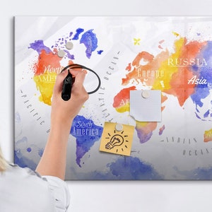 水彩画の世界地図マグネットボード、訪問地マップ、マルチカラー旅行トラッカー、訪問地マップ旅行トラッカー、マーカー+スポンジ