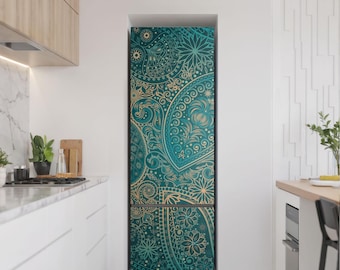 Oriental Ethnic Pattern Fridge Magnetic Decal, Turquoise Fun Fridge Magnet, Kitchen Makeover, Refrigerator Skin