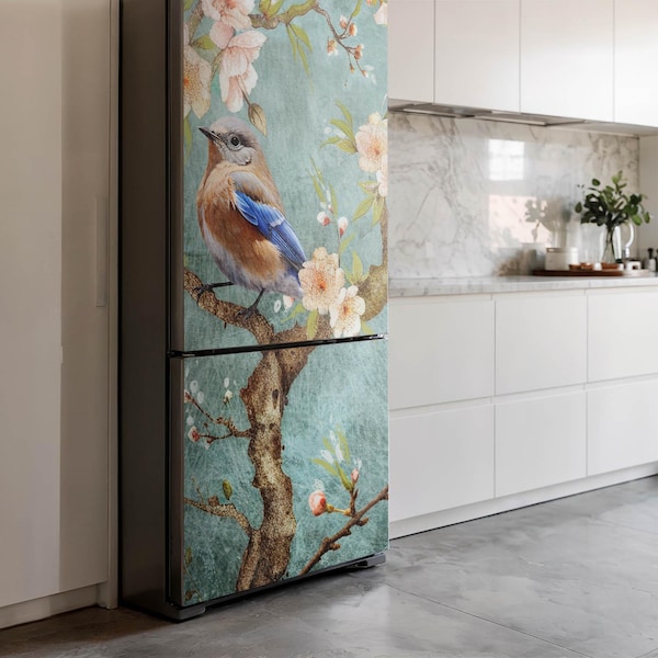 Bird On A Branch With Flowers Fridge Magnetic Decal, Turquoise Aesthetic Fridge Magnet, Modern Kitchen Decor, Freezer Cover