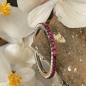 18K Gold Ruby Eternity Band Ring • Micro Pavé Natural Rubies • July Birthstone • Solid Gold Stacking Ring Dainty Wedding or Anniversary Gift
