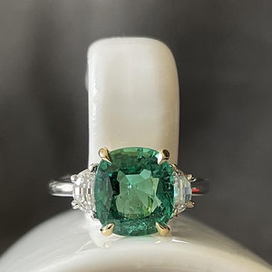 Sold! - 18K Gold Three-Stone Ring with Natural Certified Emerald and Half-Moon Diamonds, Elegant Handcrafted Design, Perfect Christmas Gift