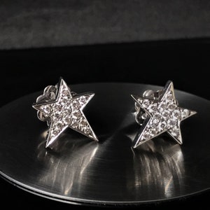 0.35 CT. Star Studs 18k Solid Gold Pave Diamond Earrings, Small Classic Stars, Asymmetrical Studs, Tiny Gold & Diamond Pave Star Earrings