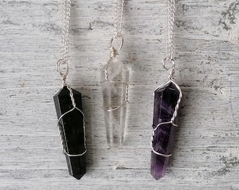 Crystal Wire Wrap Pendant Necklaces - Amethyst, Clear Quartz and Black Tourmaline | Crystal Pendants | Crystal Jewellery | Wire Wrap