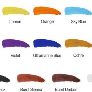 Puede incluir: Una carta de colores con 15 muestras de pintura con nombres. Los colores incluyen rojo, lim&oacute;n, naranja, azul cielo, verde primavera, magenta, violeta, azul ultramar, ocre, verde savia, negro marte, siena tostada, sombra tostada y blanco.