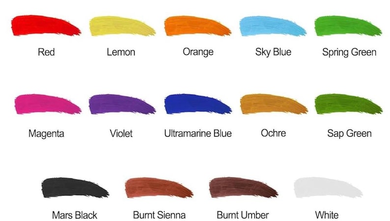 Puede incluir: Una carta de colores con 15 muestras de pintura con nombres. Los colores incluyen rojo, lim&oacute;n, naranja, azul cielo, verde primavera, magenta, violeta, azul ultramar, ocre, verde savia, negro marte, siena tostada, sombra tostada y blanco.