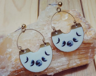 Moon Phase Hoops Earrings, Moon Phase Earrings, Moon Earrings, Moon Hoops Earrings, Girlfriend Gift, Constellation Gift, Wooden Earrings,