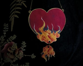 Burning Anatomical Heart Love Necklace, Sacred Heart Necklace, Flamed Heart Jewelry, Oblivion Burning Necklace, Oblivion Love, Flamed Charm
