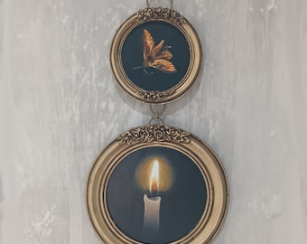 Candle Original Acrylic Painting Framed, Moth Original Art, Moth Candle Small Wall Art, Gothic Art Wall Decor, Dark Style, Round Framed Art