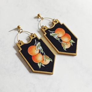 Orange Tree Earrings, Fruit Summer Earrings, Big Black Earrings, Wooden Orange Earrings, Wooden Fruit Earrings, Orange Illustrated Earrings,