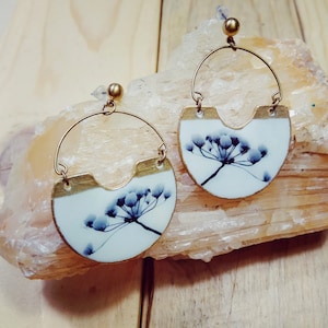 Wood Illustrated Earrings, Cotton Earrings, Wedding Earrings, Nature Jewelry, Hypoallergenic Wood Earrings, White Floral Earrings, Hoops