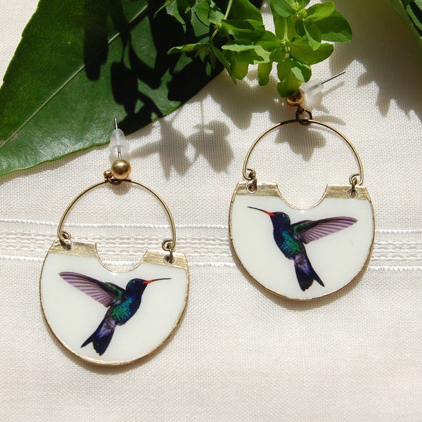 Hummingbird Hoop Earrings, Nature Earrings, Bird Lovers Earrings, Wood Jewelry, Bird Hoop Earrings, Hummingbird Jewelry, Bird Earrings