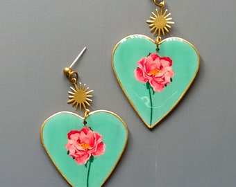 Heart Flower Earrings, Blue Heart Earrings, Heart Jewelry, Flower Jewelry, Mystic Love Earrings, Colorful Earrings, Big Heart Jewelry, Heart