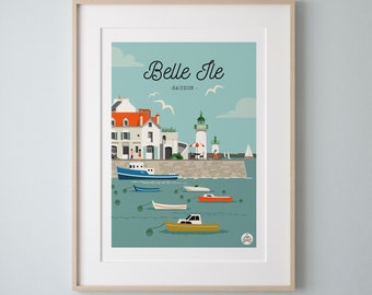 Affiche "Belle Île" EN MER Vintage 30x40cm. Série "Bain de Mer"