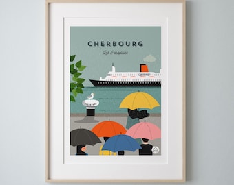 Affiche vintage CHERBOURG  30x40cm - Les Parapluies / Serie Douce France