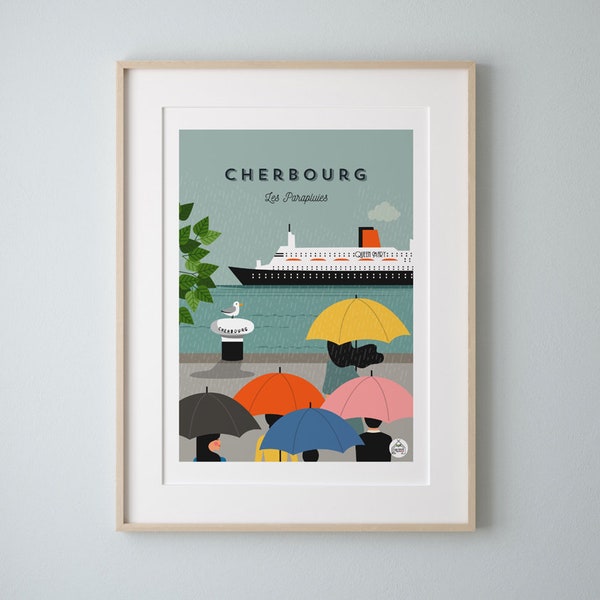 Affiche vintage CHERBOURG  30x40cm - Les Parapluies / Serie Douce France