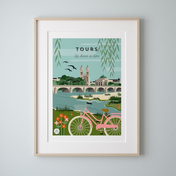 Affiche "TOURS" Les Bords de Loire  30x40cm. Série "Douce France"