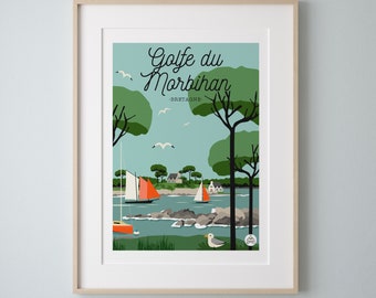 Affiche "GOLFE DU MORBIHAN" Bretagne 30x40cm. Série "Bain de Mer"