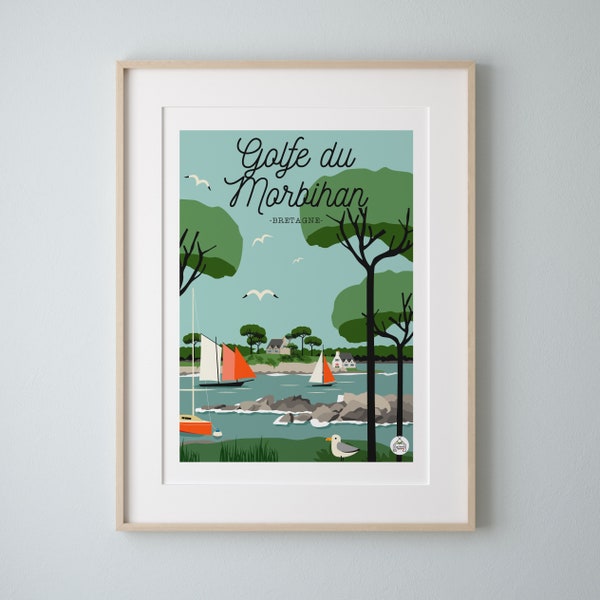 Affiche "GOLFE DU MORBIHAN" Bretagne 30x40cm. Série "Bain de Mer"