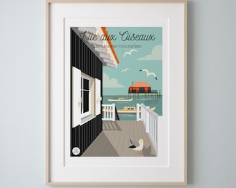 Affiche "L'île aux Oiseaux" Les Cabanes Tchanquées Vintage 30x40cm. Série "Bain de Mer"