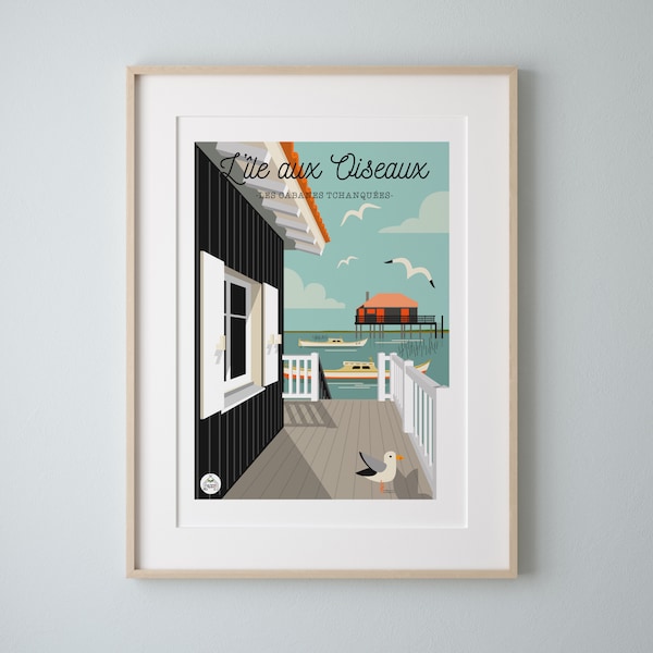 Affiche "L'île aux Oiseaux" Les Cabanes Tchanquées Vintage 30x40cm. Série "Bain de Mer"