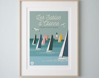 Affiche 30x40 cm LES SABLES d'OLONNE / Départ Tour du Monde. Série Bain de Mer