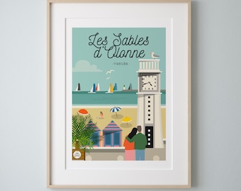 Affiche 30x40cm  "Les sables d'Olonne" Vendée. Série "Bain de Mer"